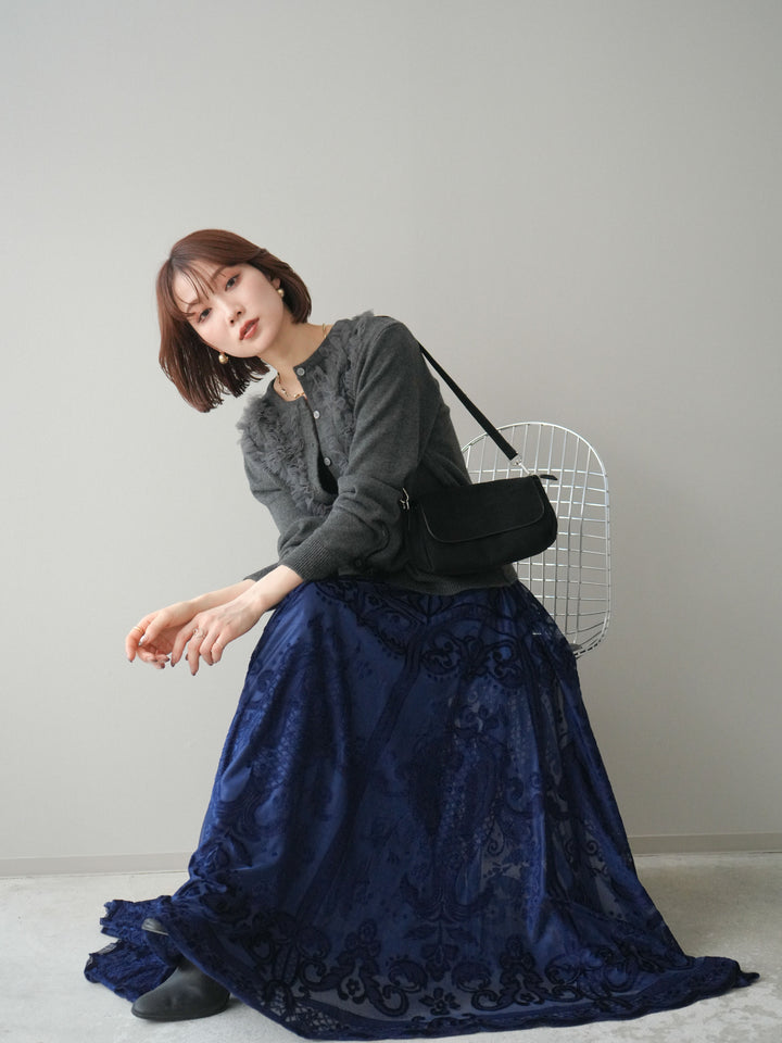 [SET]チュールフリルニットカーディガン+アンティーク柄フロッキーマキシスカート(2set)
