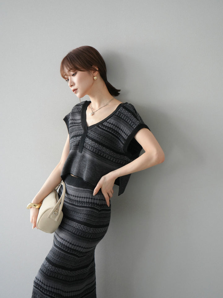 [予約]ガーター編み2WAYニットベスト/グレー×ブラック