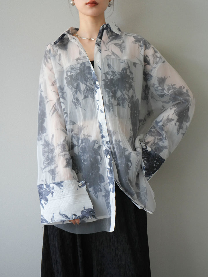 [予約]チュールドッキングフラワー柄オーバーサイズシャツ/グレー