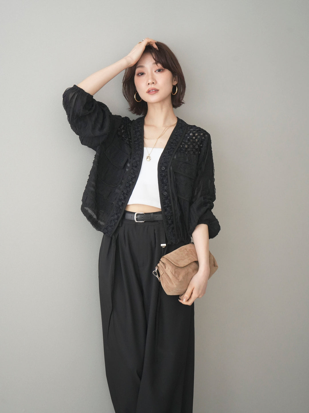 [SET]パッチワークシアーフリルブルゾン+カップ付テレコリブベアキャミソール(2set)