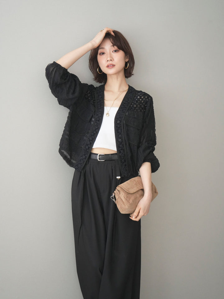 [SET]パッチワークシアーフリルブルゾン+カップ付テレコリブベアキャミソール(2set)