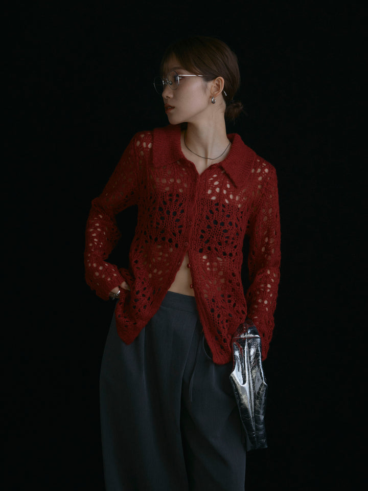 【Allure】[SET]ローゲージ透かし編みポロニッカーディガン+ローゲージ透かし編みポロニッカーディガン(2set)