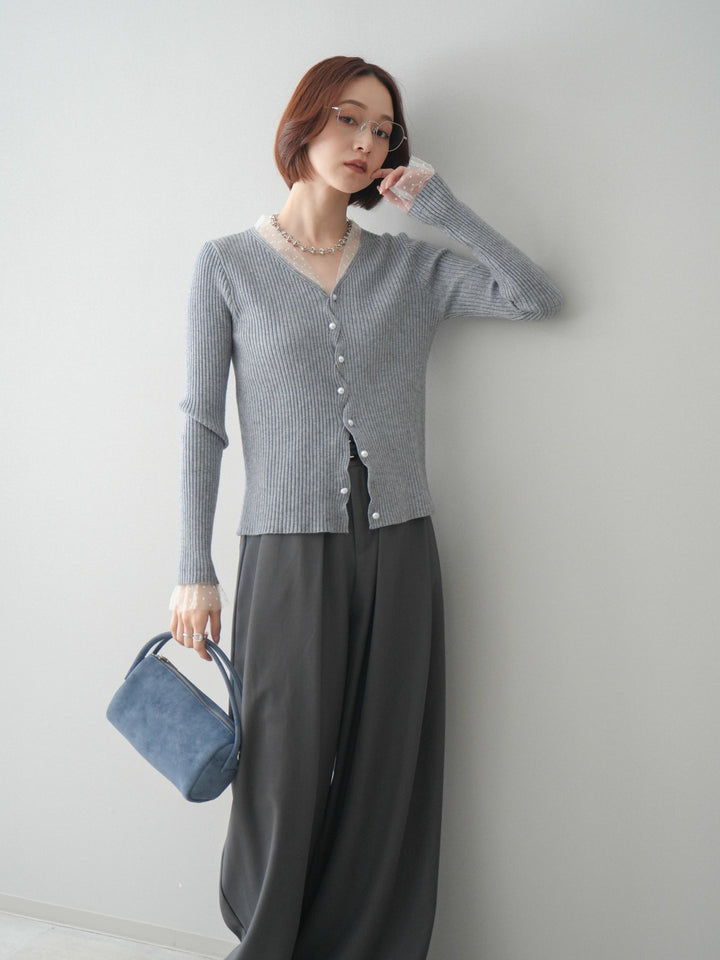 [予約]チュールドッキングパールボタンニットカーディガン/gray