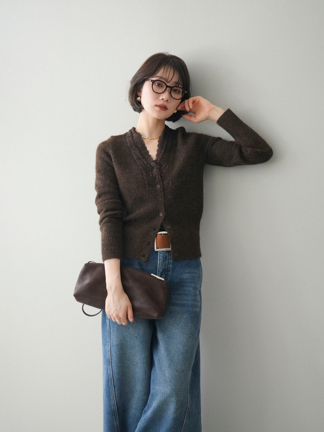 [SET]レースネックコンパクトニットカーディガン+選べるアクセセット(2set)