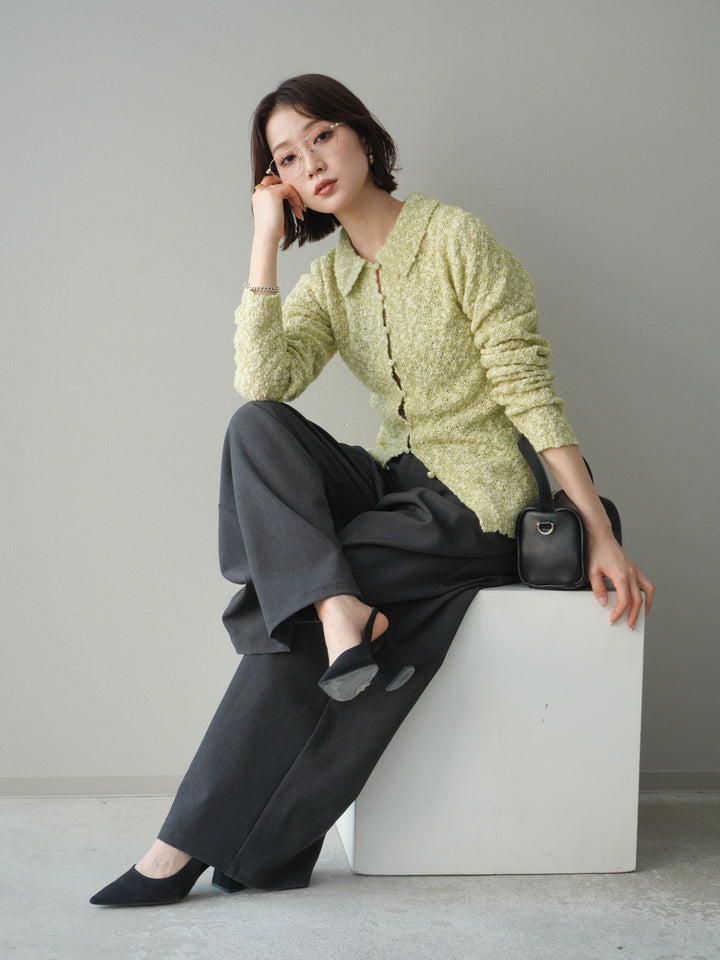 [予約]透かし編みブークレポロニットトップス/green