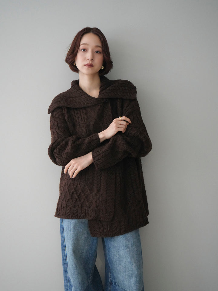 [予約]ケーブル編みデザインニットカーディガン/brown