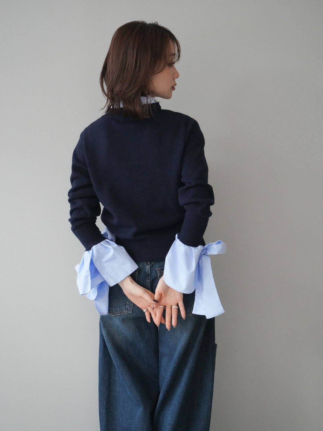 [予約]ウールライクリボンシャツカーディガン/navy