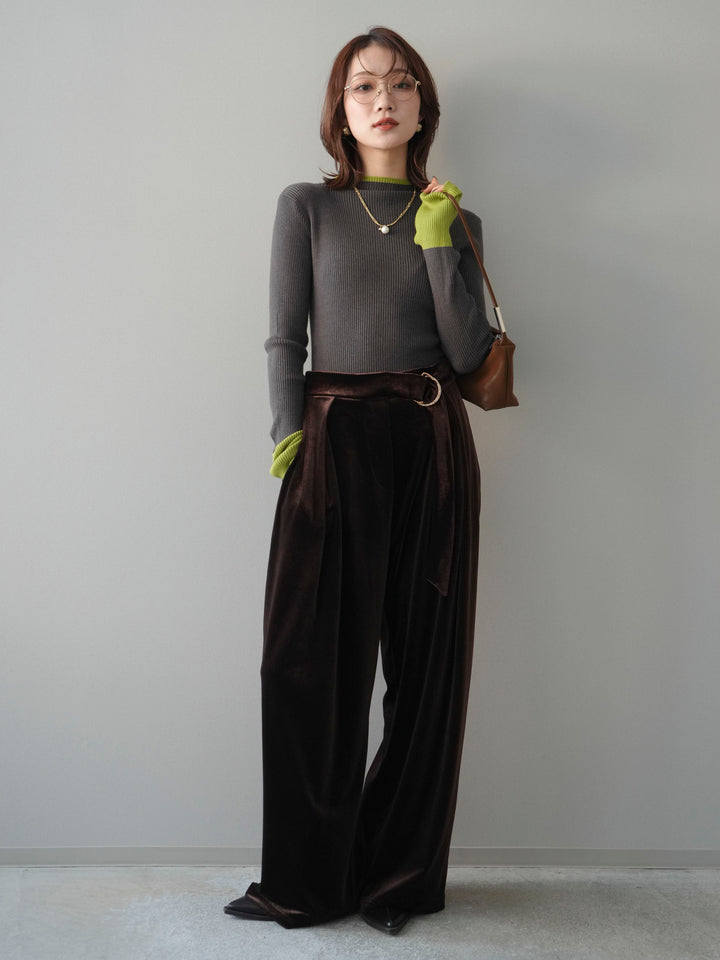 [SET]袖ボタンハイネック配色リブニットトップス+ベロアベルトスリムパンツ(2set)