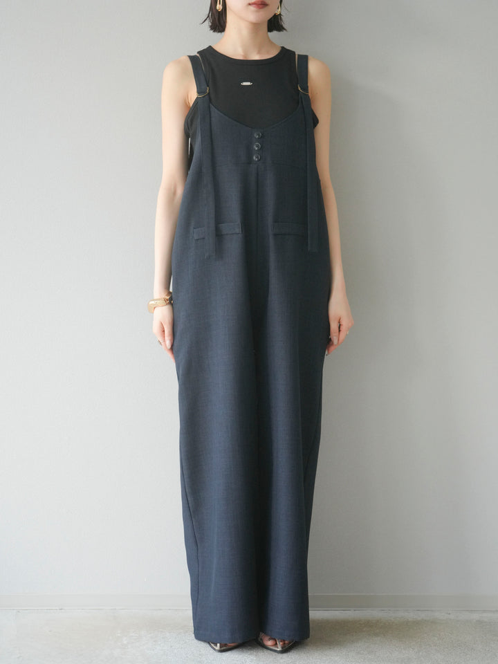 [予約]リネンタッチボタンサロペット/チャコール
