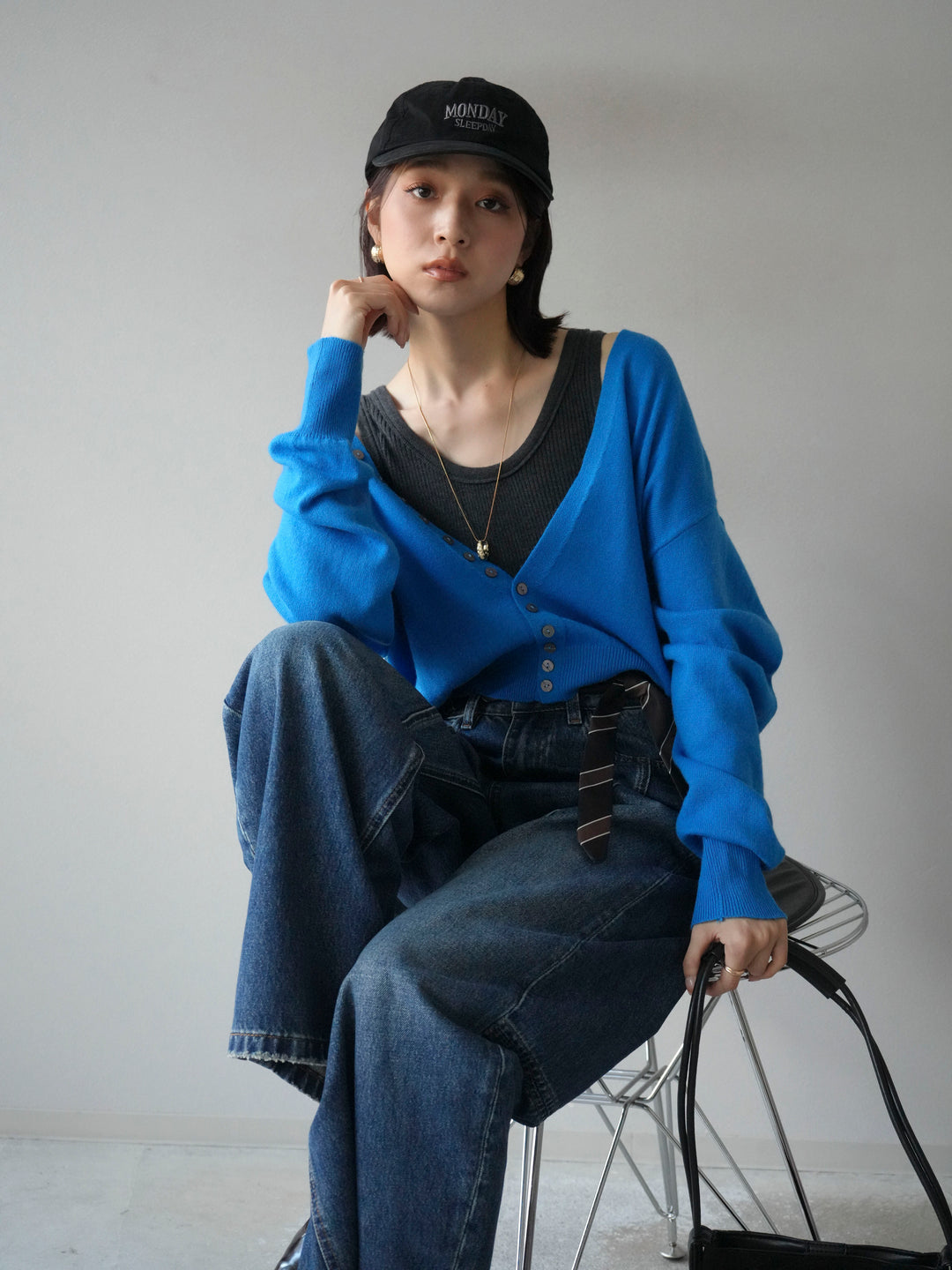 [予約]デザインボタンニットカーディガン＆タンクトップSET/ブルー