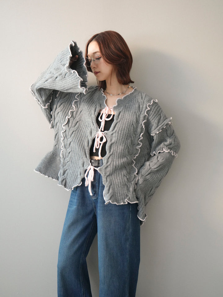 [SET]フロントリボン配色メローニットカーディガン+裏起毛裾フリンジワイドデニムパンツ(2set)