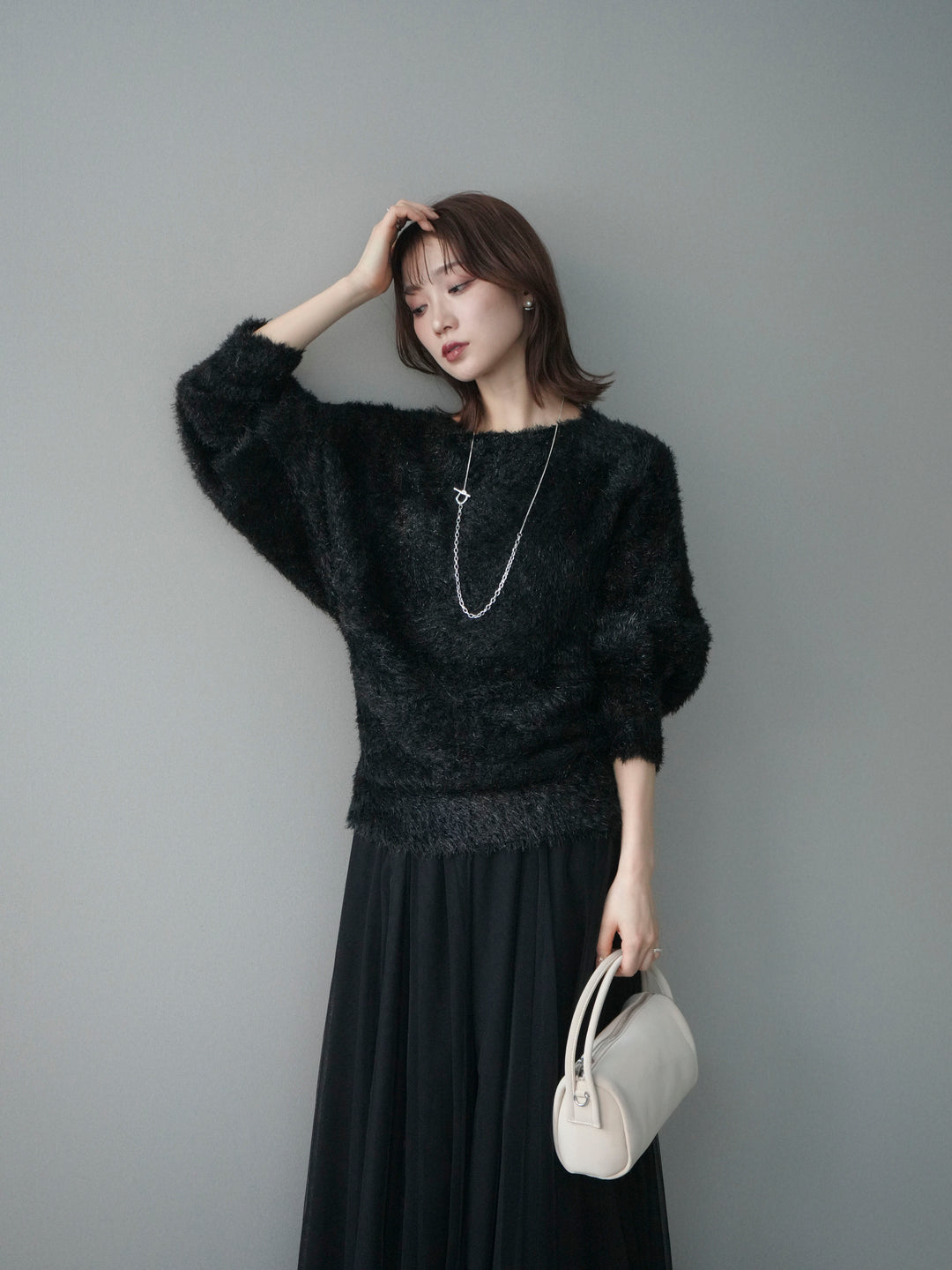 [予約]ラメシャギードルマンニットプルオーバー/black