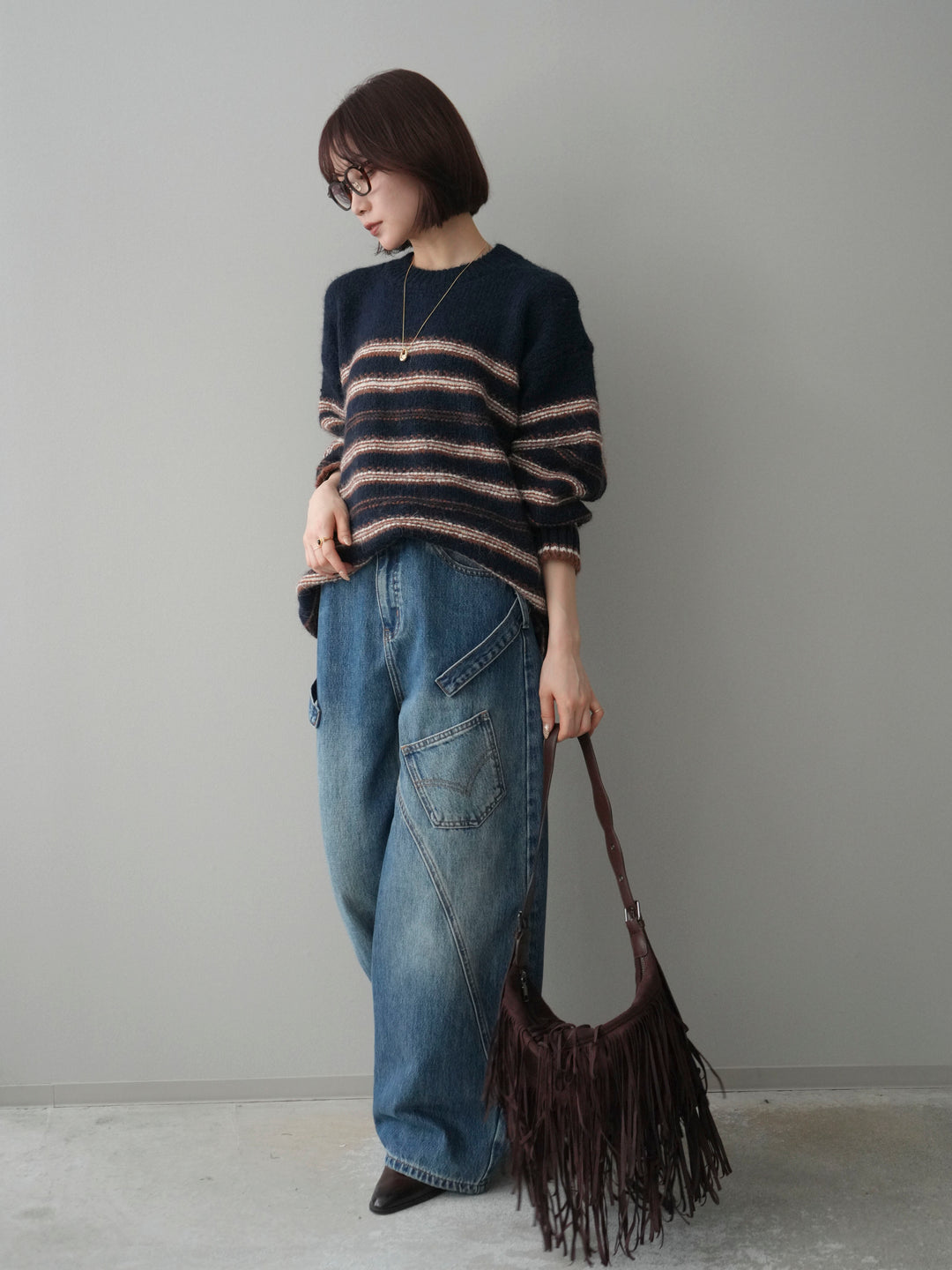 [SET]ステッチボーダーニットプルオーバー+ペインターカーブデニムパンツ(2set)