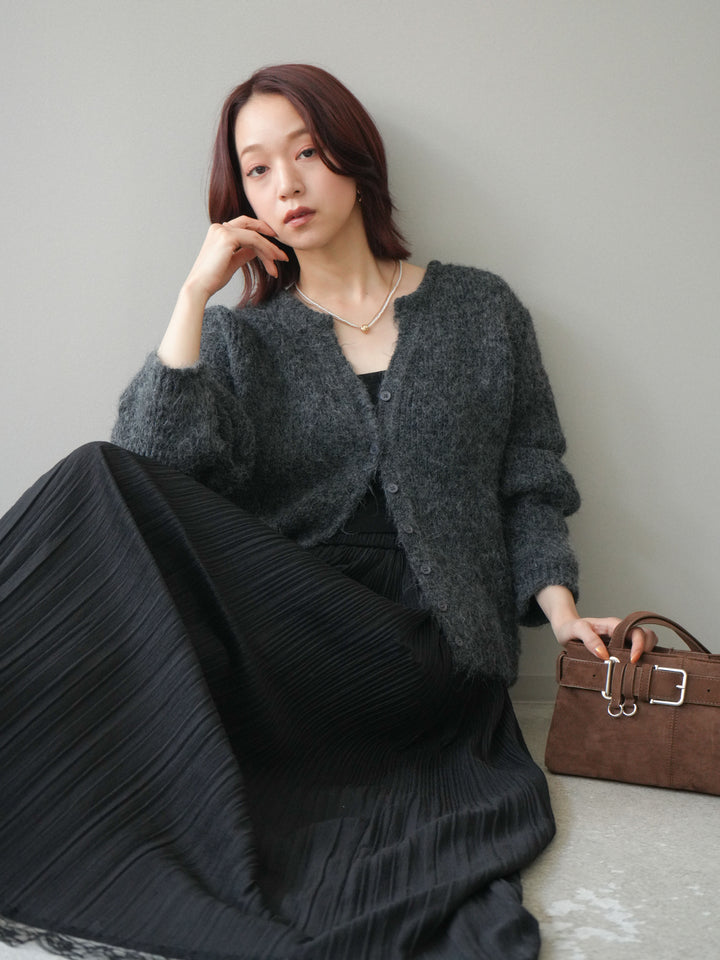 [予約]キーネックシャギーニットカーディガン/gray