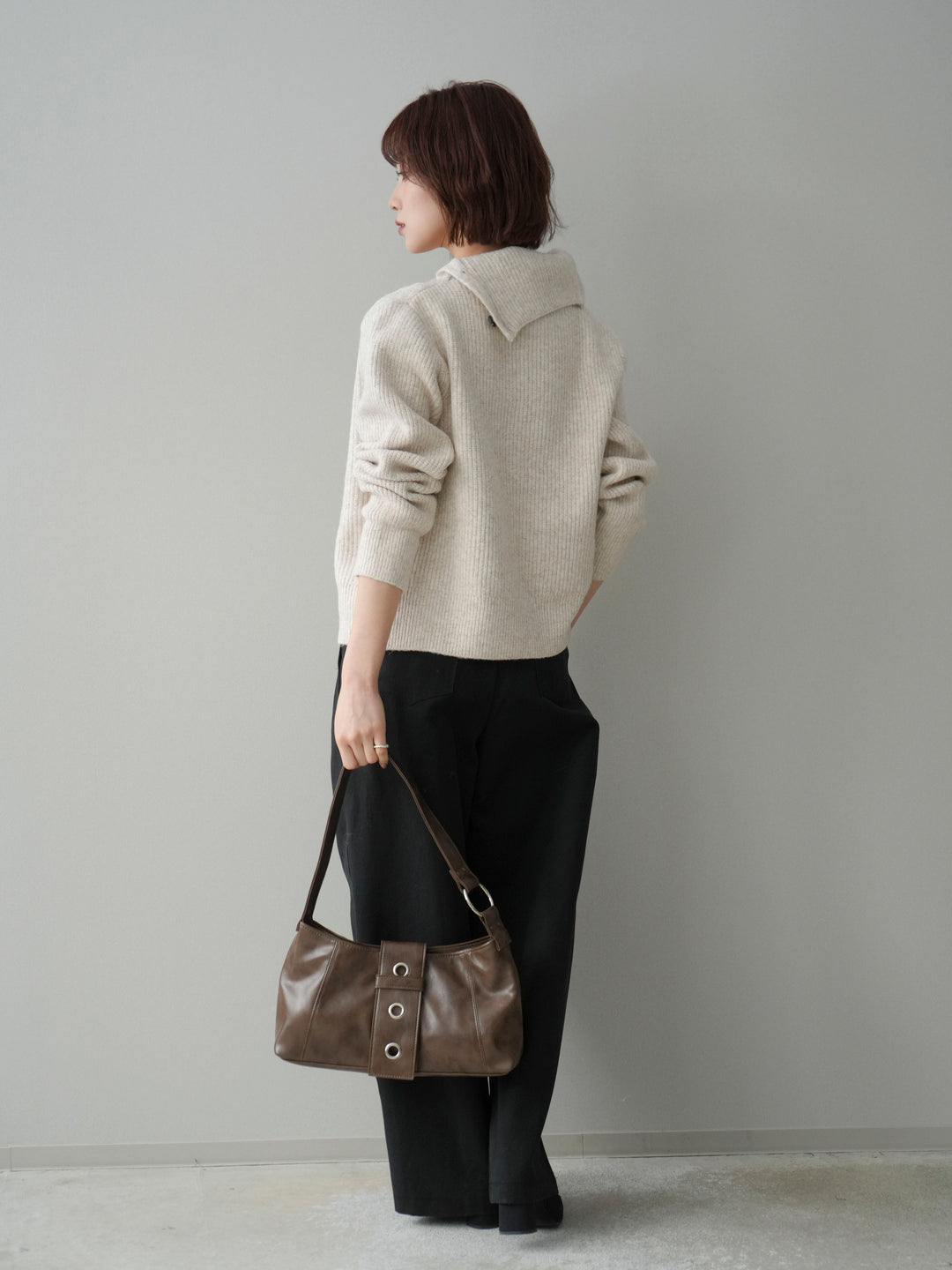 [SET]ハイネックデザインボタンニットカーディガン+コットンツイルカーブパンツ(2set)