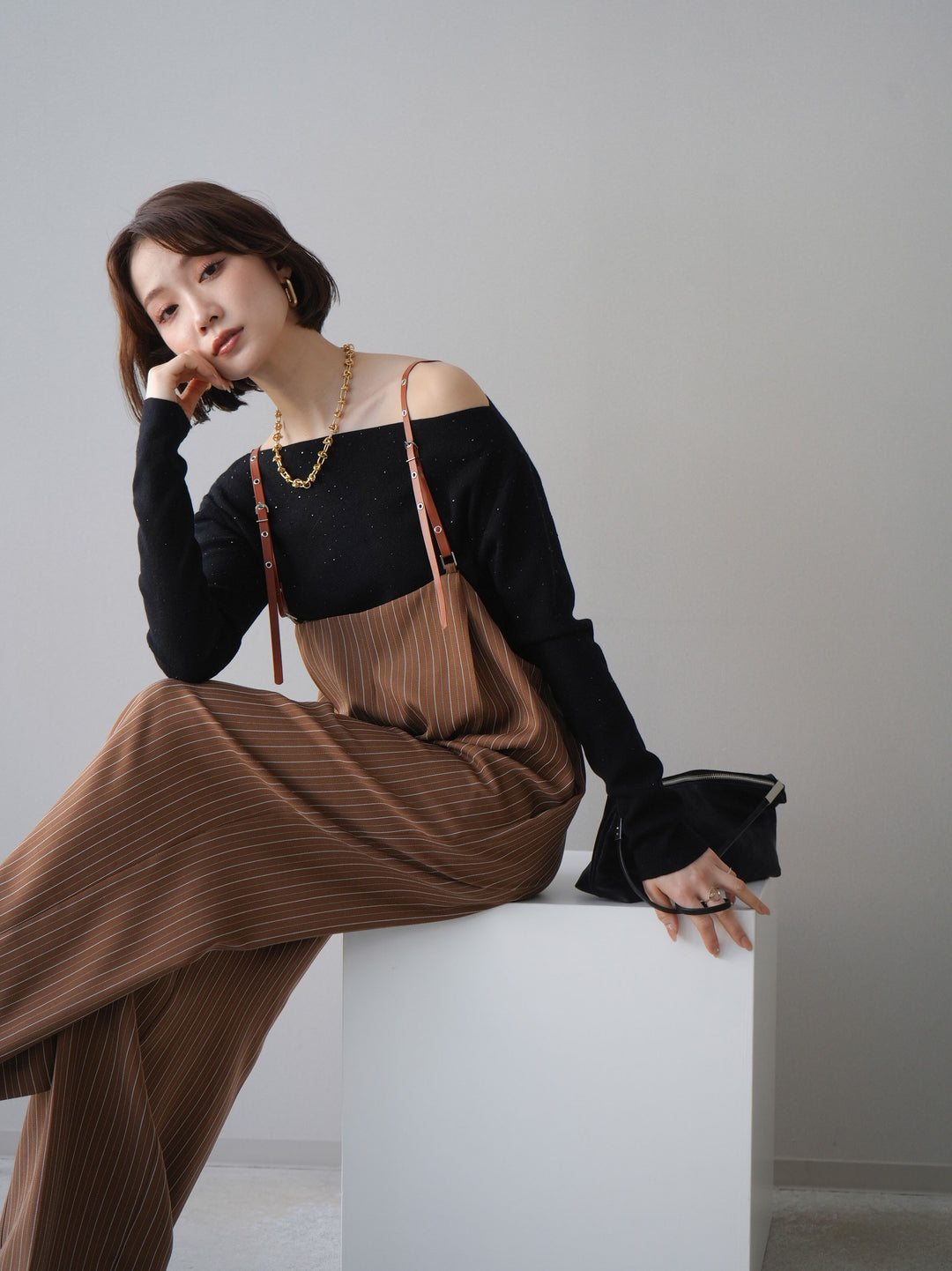 [予約]ヘリンボーンストライプサス付サロペット/goldbrown