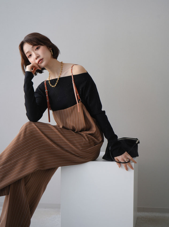 [予約]ヘリンボーンストライプサス付サロペット/goldbrown