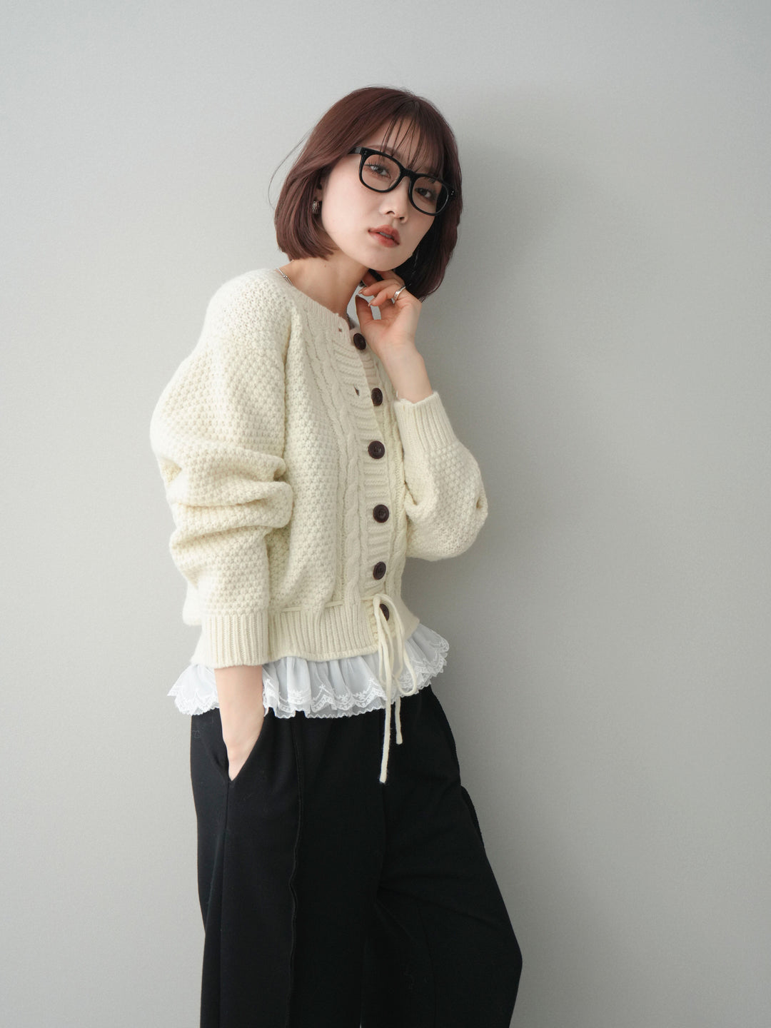 [SET]裾レースケーブルニットカーディガン+2WAYデザインスウェットパンツ(2set)