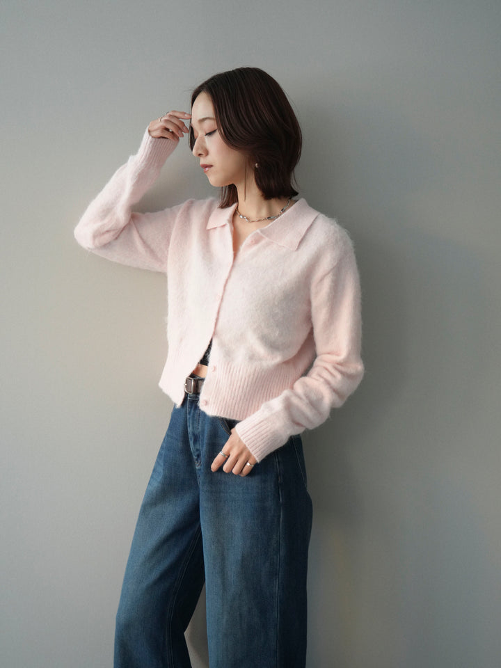 [SET]モヘア衿付きボタンプルオーバー+裏起毛裾フリンジワイドデニムパンツ(2set)