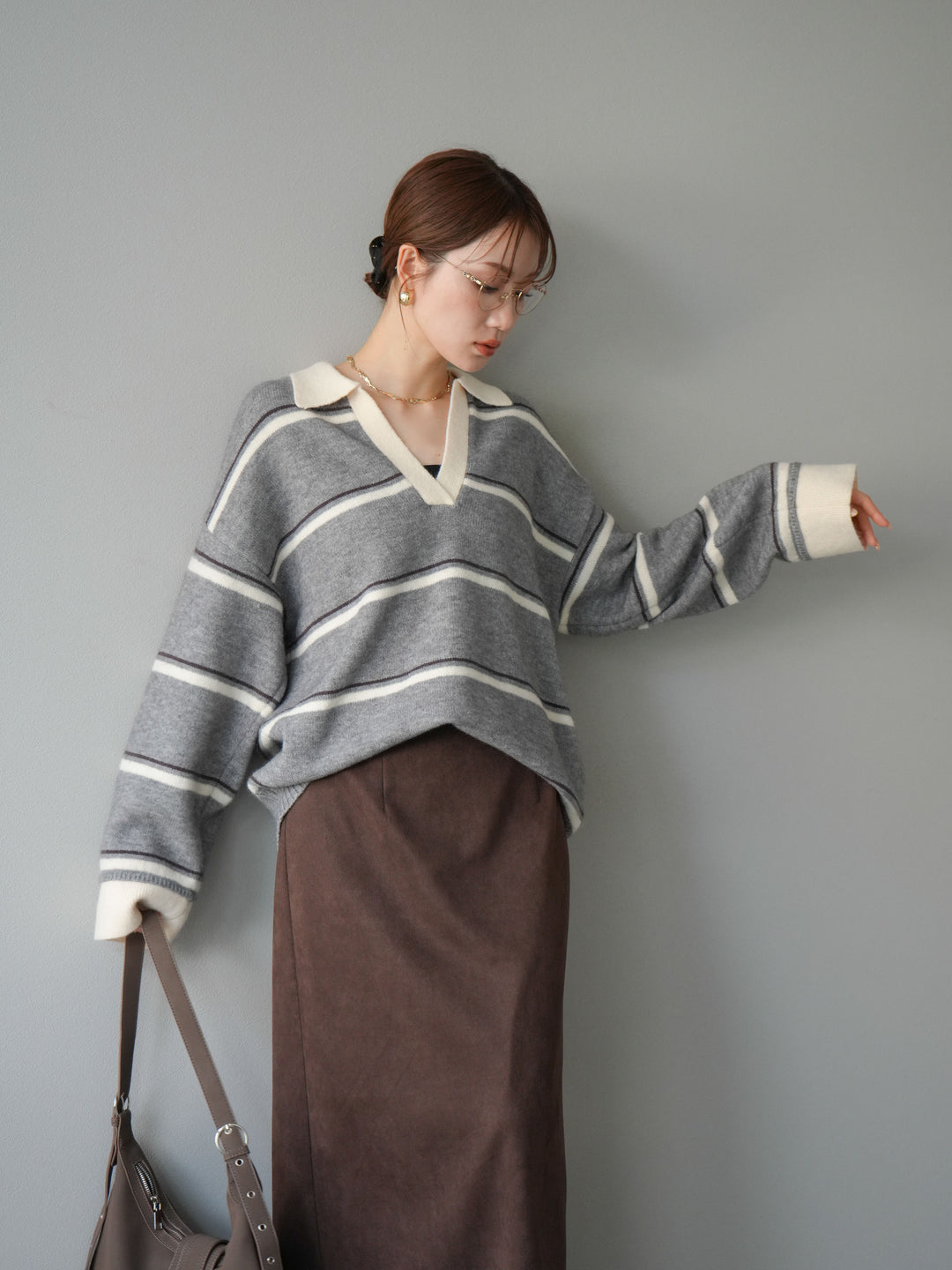 [SET]ポロ襟スキッパーボーダーニットプルオーバー+スウェードIラインスカート(2set)