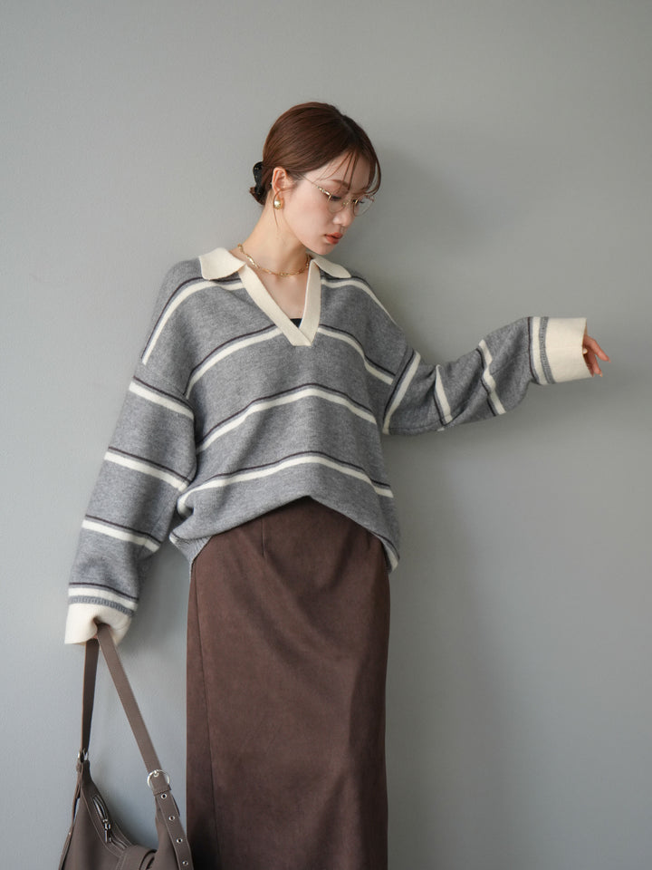 [SET]ポロ襟スキッパーボーダーニットプルオーバー+スウェードIラインスカート(2set)