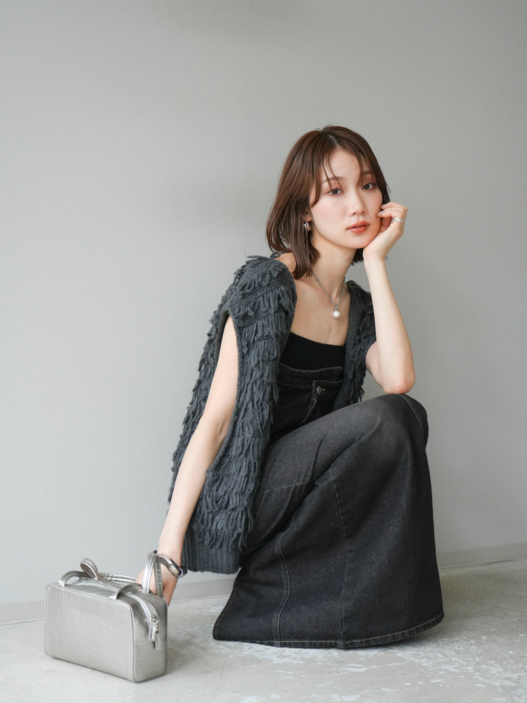 [SET]ループデザインベスト+アシンメトリーデニムワンピース(2set)