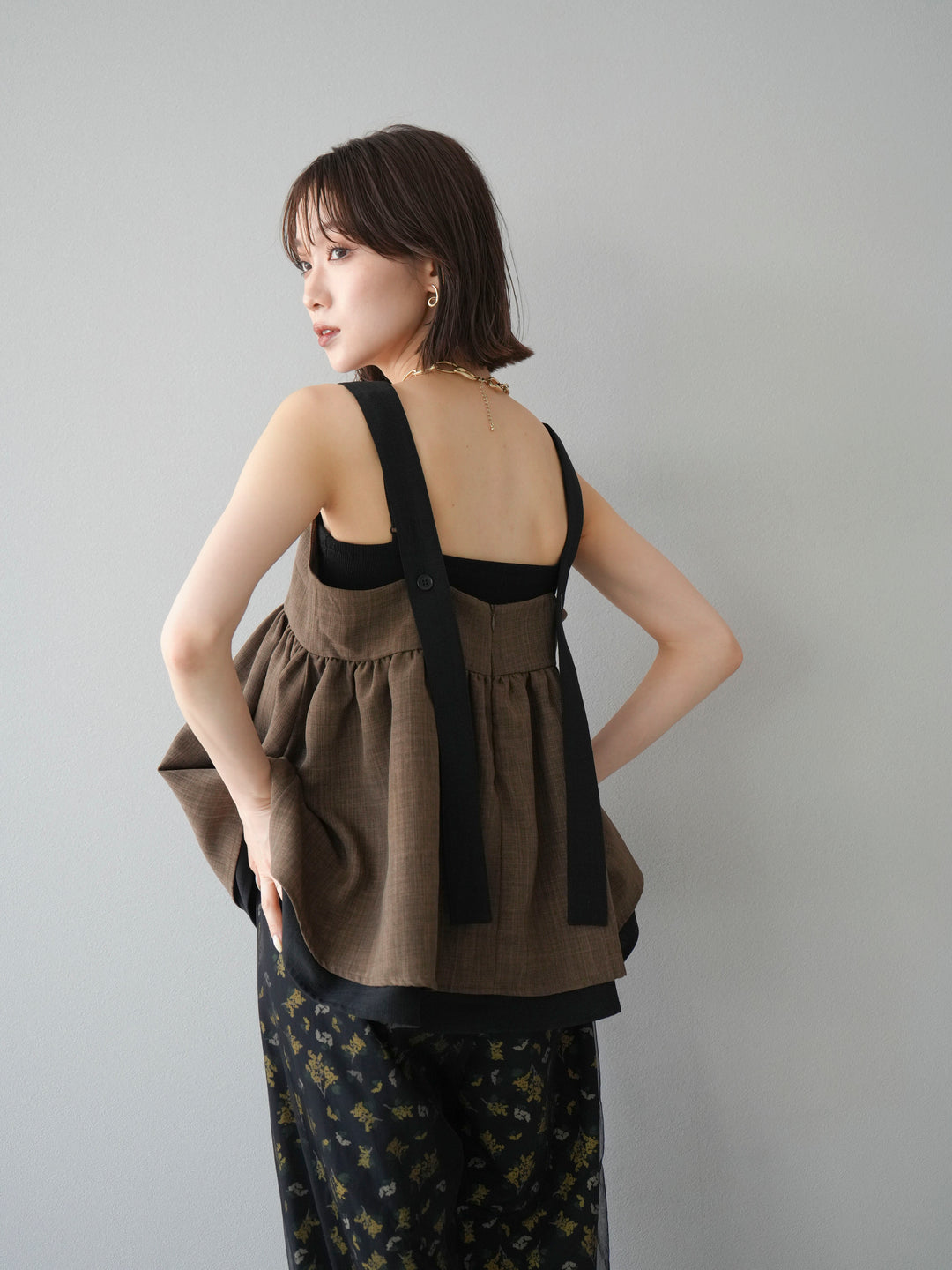 [SET]リネンライク配色フレアタンクトップ+ブーケプリントタックパンツ(2set)