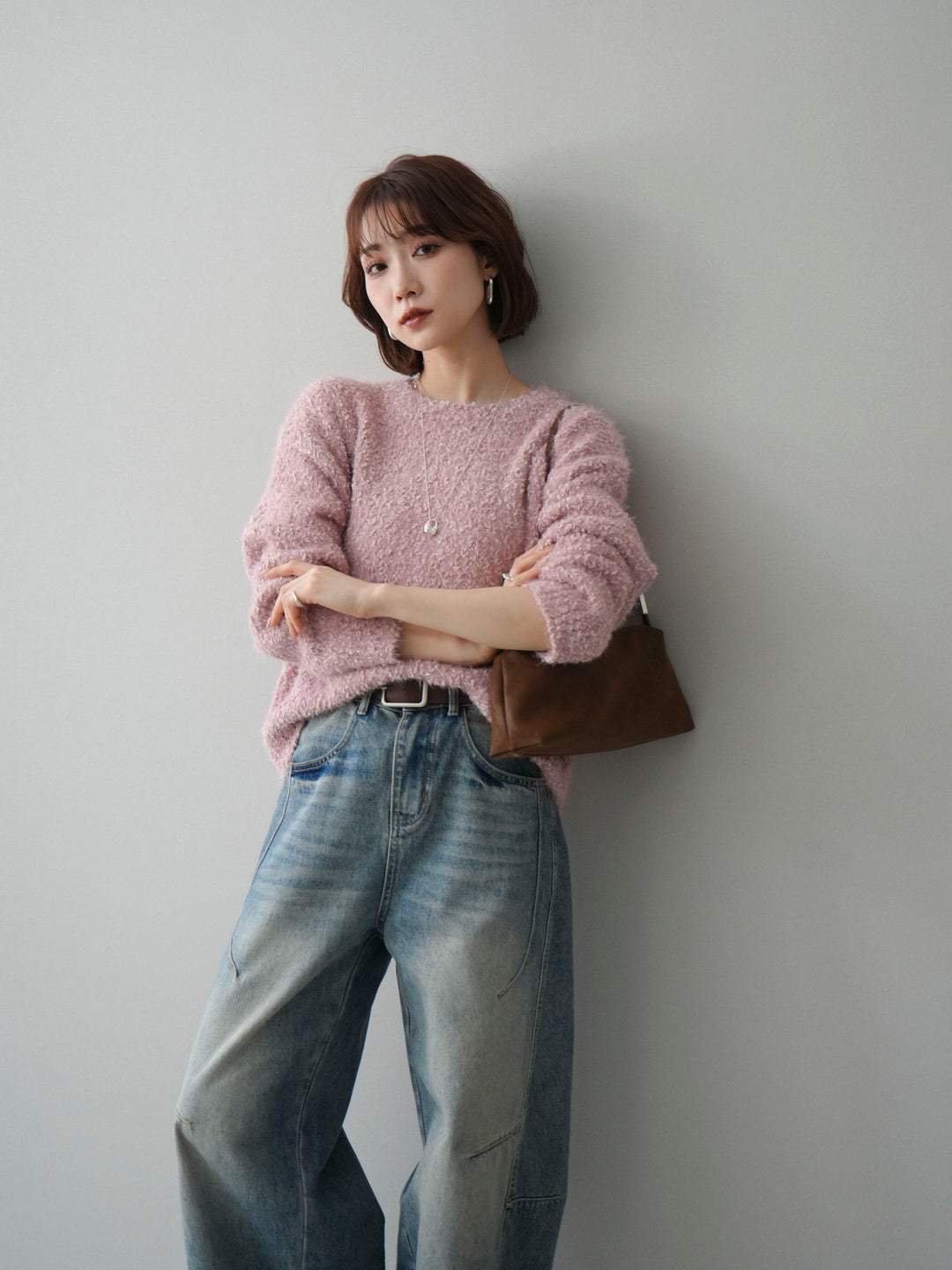 [SET]モールラメミックスヤーンニットプルオーバー+ベルト付カーブデニムパンツ(2set)