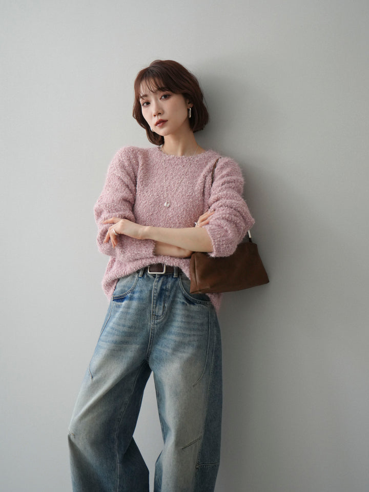 [SET]モールラメミックスヤーンニットプルオーバー+ベルト付カーブデニムパンツ(2set)