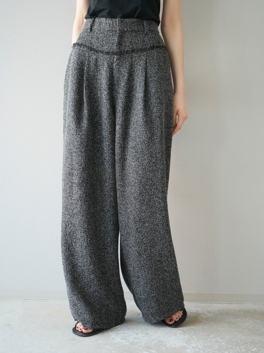 [予約]ウエストフリンジツイードワイドパンツ/ブラック