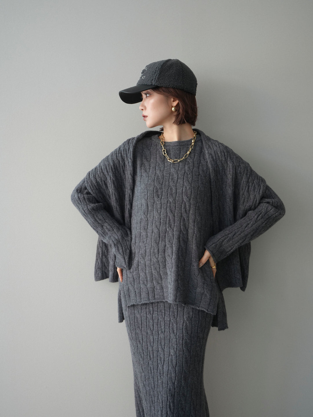 [SET]ストール付ケーブルニットプルオーバー&ロングスカートSET UP(2set)