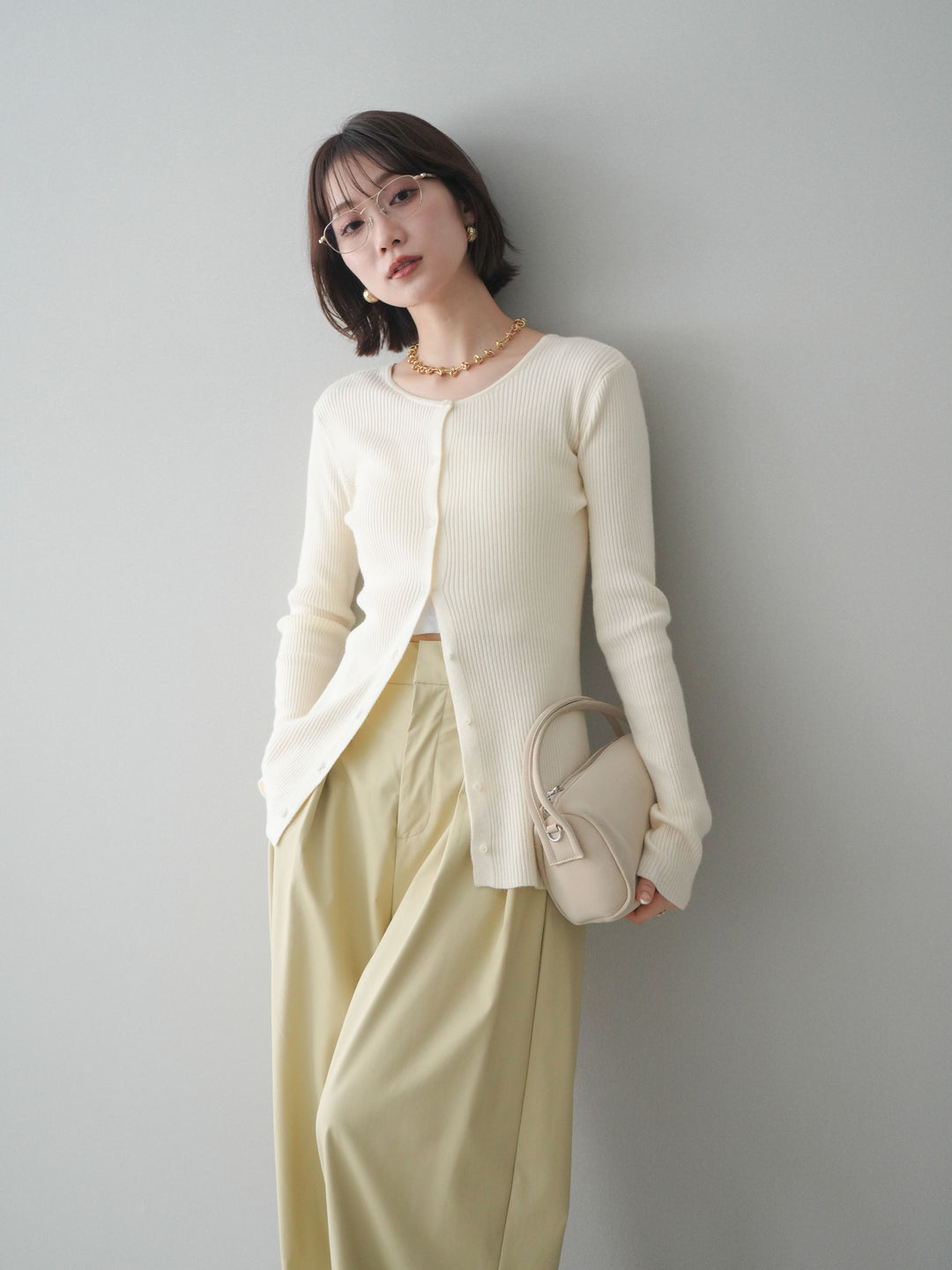 [予約]前後2WAYリブ編みクルーネックカーディガン/ivory