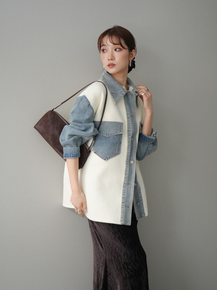 [予約]デニム襟ダブルフェイスニットカーディガン/white