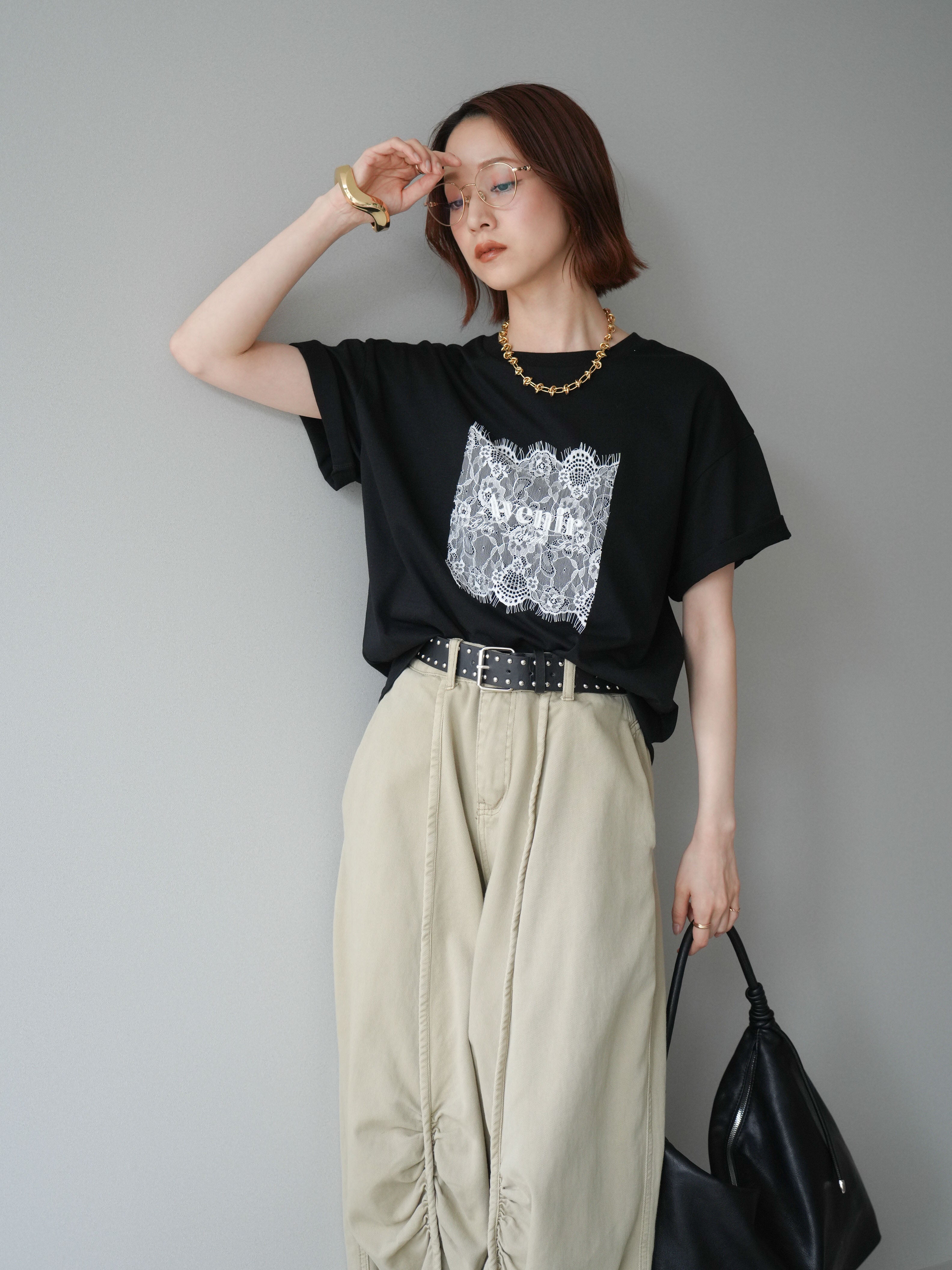 SET]レースコラージュロゴTシャツ+ベルト付センターギャザーワイド