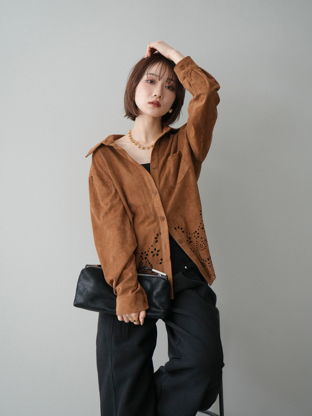 [SET]裾スカラップスエードシャツ+ベルト付起毛コクーンパンツ(2set)