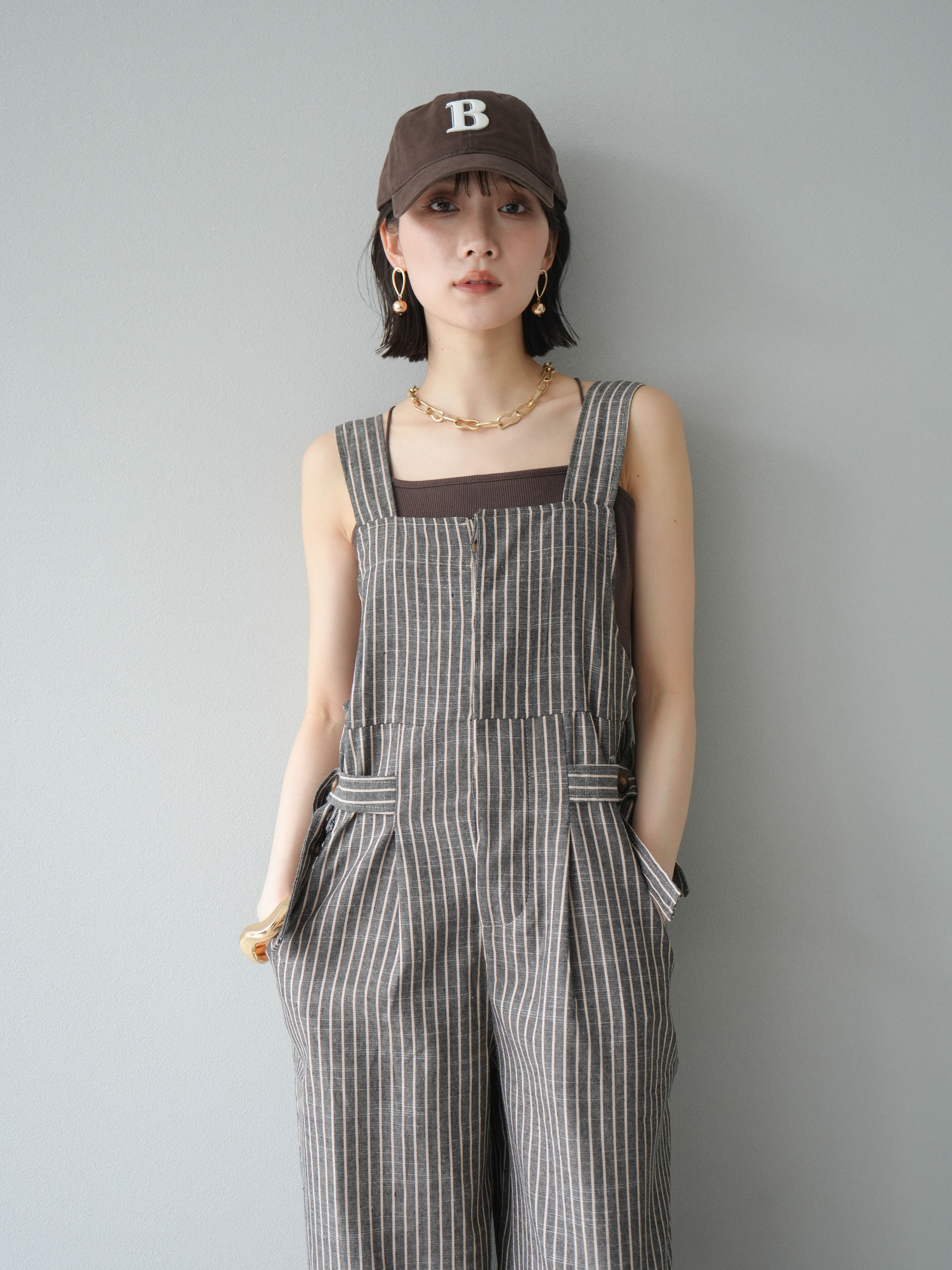 SET]ベルトデザインサロペット+カップ付きバッククロスキャミソール