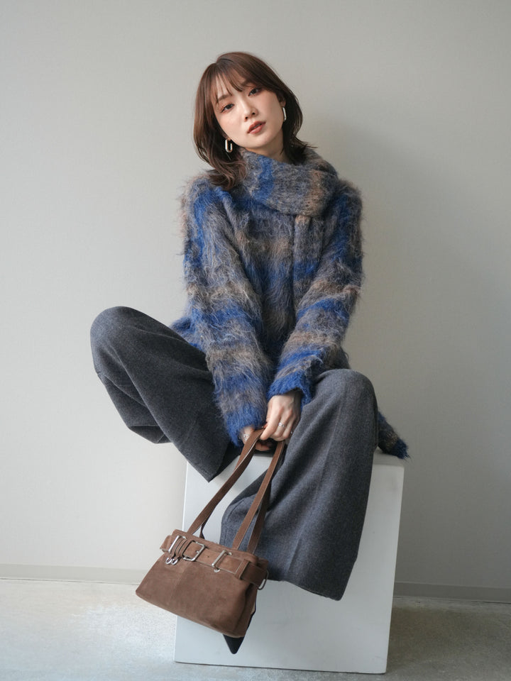 [予約]ストール付シャギーマルチボーダーニットプルオーバー/blue