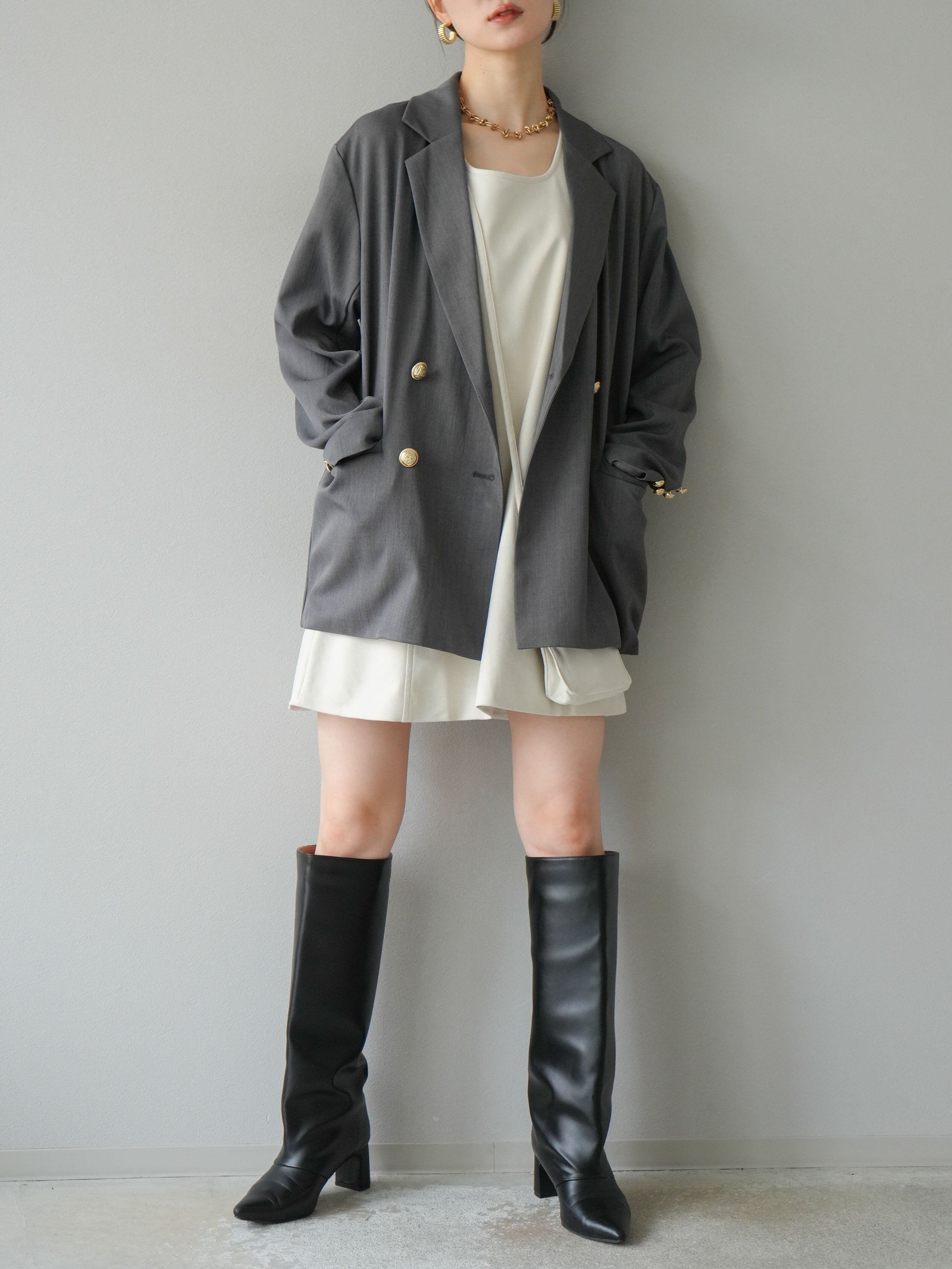 予約]ゴールドボタンツイルダブルテーラードジャケット/グレー – Lumier