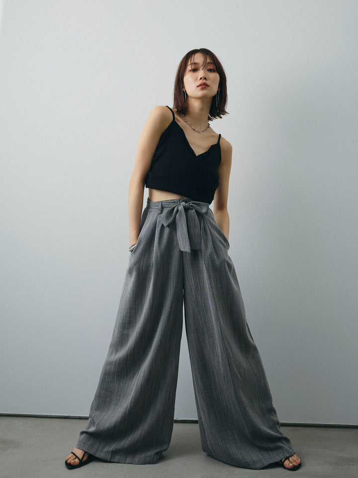 [SET]リネンライクカシュクールデザインビスチェ+リネンライクウエストリボンワイドパンツ(2set)