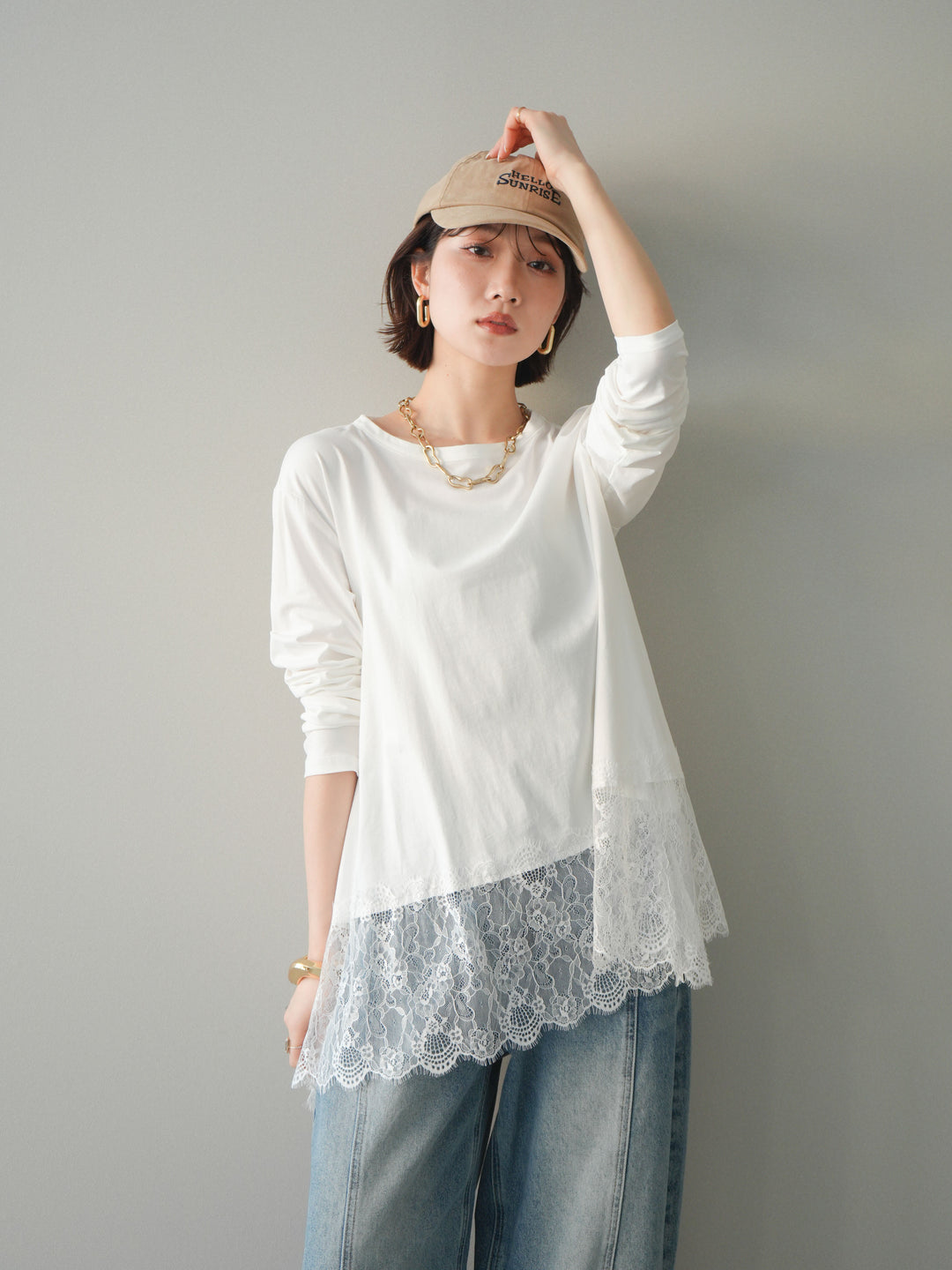 [SET]裾レースロングスリーブTシャツ+選べるアクセセット(2set)