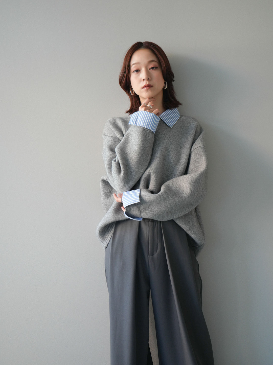 [SET]2WAYストライプ襟ニットプルオーバー+ベルトループデザインワイドパンツ(2set)