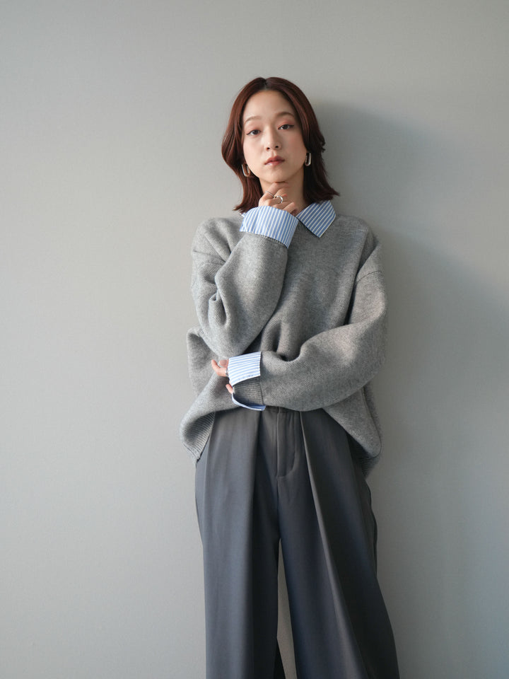 [SET]2WAYストライプ襟ニットプルオーバー+ベルトループデザインワイドパンツ(2set)