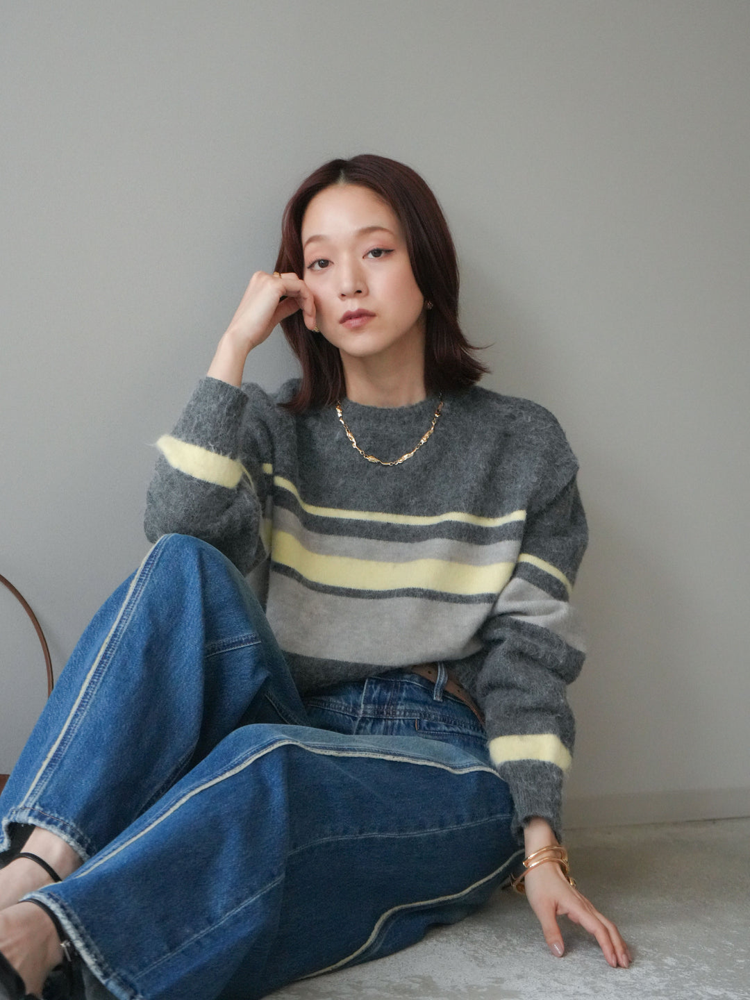 [SET]ソフトタッチボーダークロップドニットプルオーバー+サイドフリンジワイドデニムパンツ(2set)