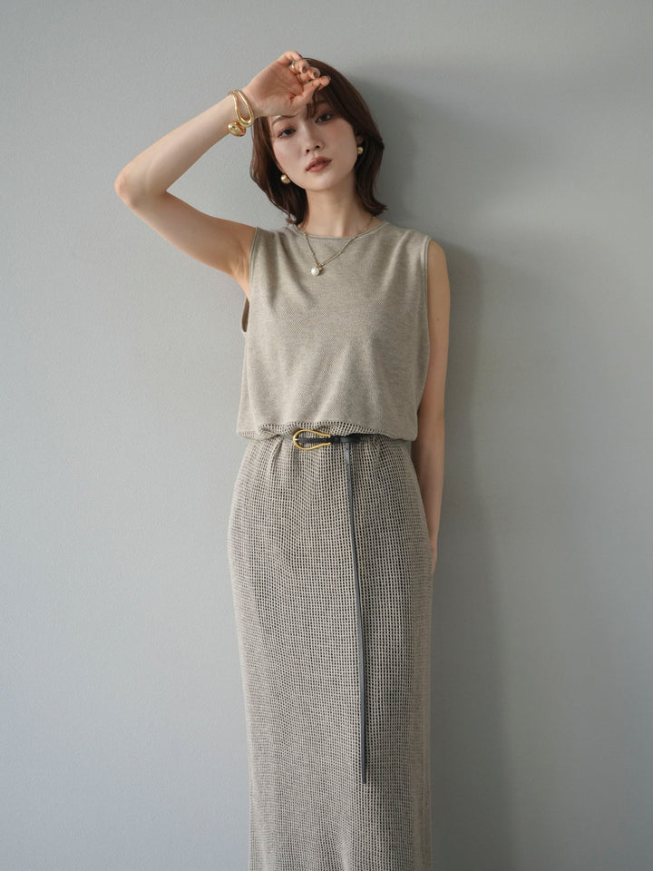 [予約]メッシュ切替ノースリーニットワンピース/beige