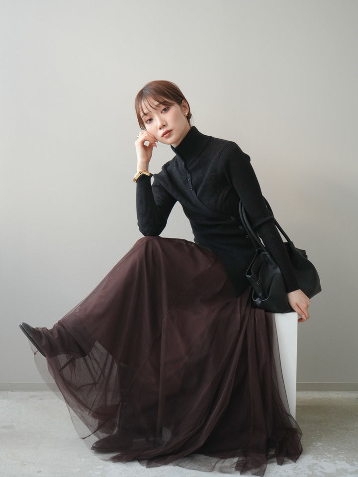 [予約]クロスデザインボトルネックリブニットトップス/black