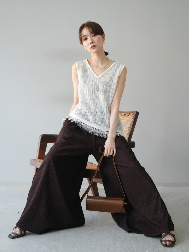 [予約]裾フリンジVネックニットタンクトップアンサンブル/オフ