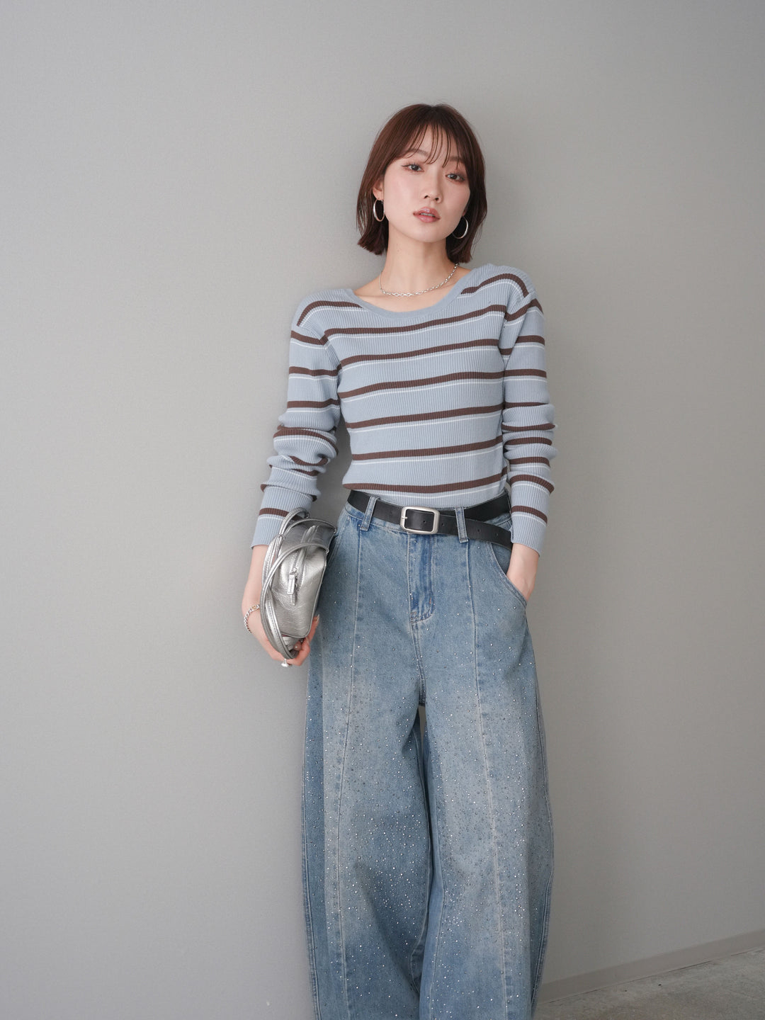 [予約]バックオープンテレコリブマルチボーダートップス/blue