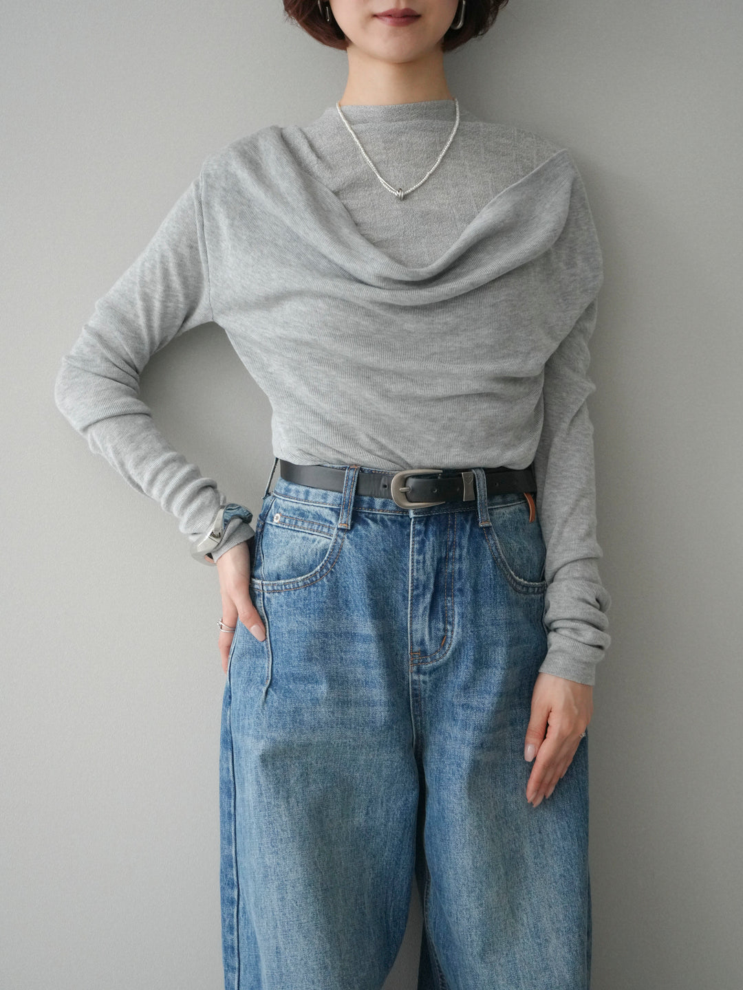 [予約]ボトルネックドレープレイヤードニットトップス/gray
