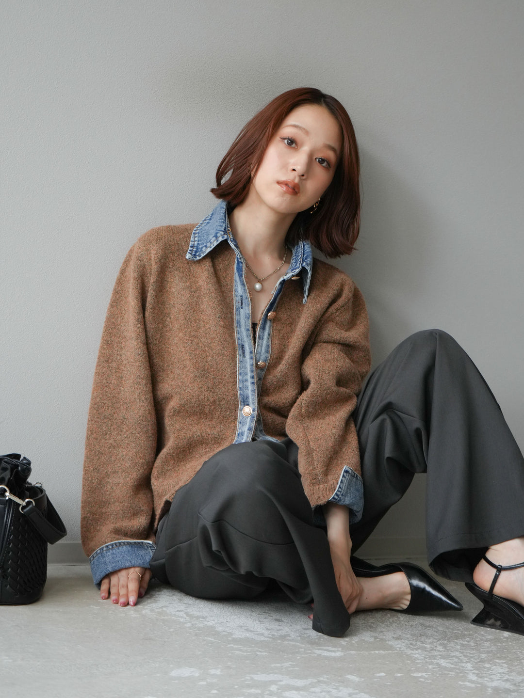 [SET]デニム襟ボタンニットカーディガン+エステルタックワイドパンツ(2set)