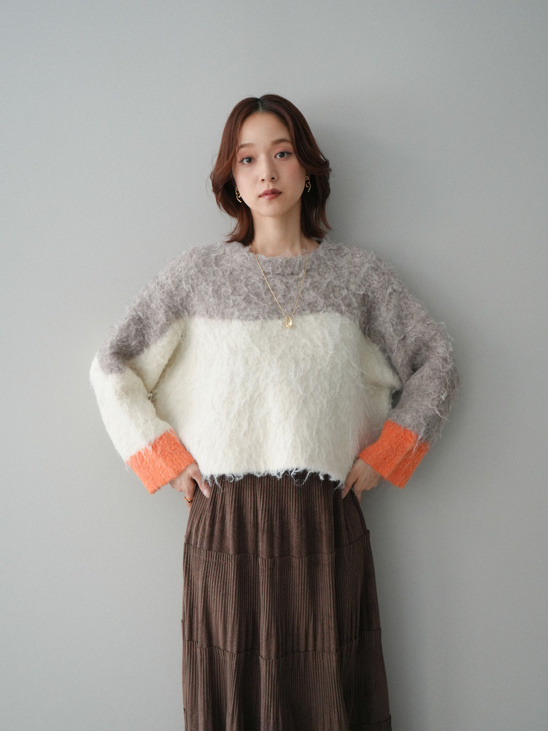 [SET]バイカラーモヘアタッチニットプルオーバー+型押しスエードティアードプリーツスカート(2set)